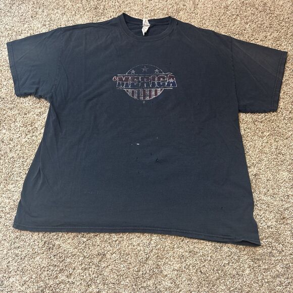 Gildan Other - Vintage “Merica” Shirt Faded Distressed Xxl Y2k Stars And Stripes USA Black Tee